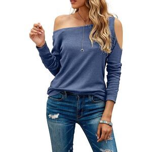 HIYIYEZI Women Cold Shoulder Tops Off One Shoulder Shirts Boat Neck Long Sleeve